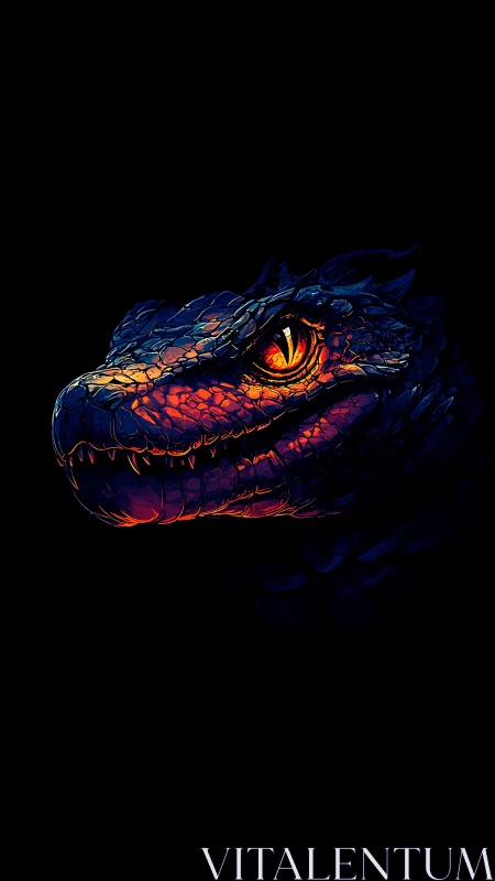 Neon-scaled dragon portrait with burning amber eye glow.