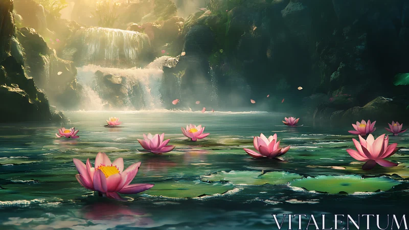 Sunlit lotus pond shimmers beneath a tranquil forest waterfall
