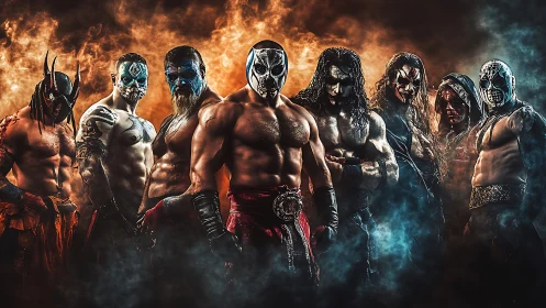 Masked wrestlers pose in dramatic high-contrast, smoke-filled arena lighting