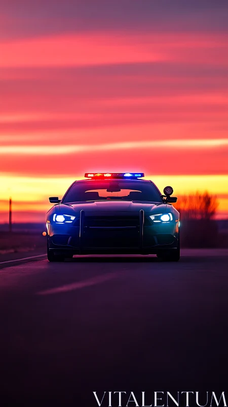 Highway patrol silhouette under blazing neon sunset sky.