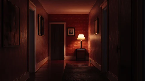 Lamplit red hallway holding its breath in quiet suspense.