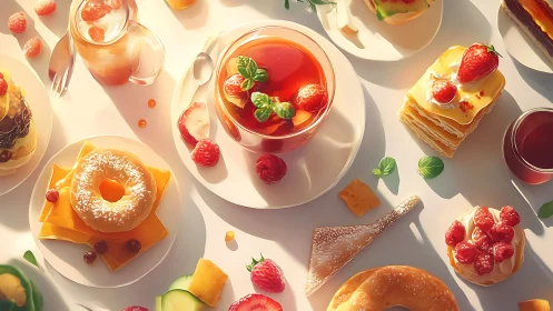 Colorful breakfast pastries, tea and fruit on bright table.