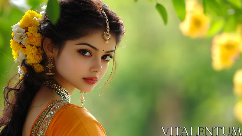 Elegant woman in traditional Indian attire with floral adornments.