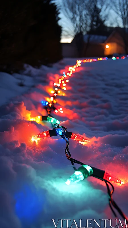 Colorful holiday lights glow warmly across twilight snow