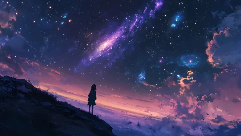 Silhouette observing twilight shore under dense starfield.