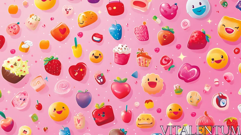 Joyful emoji and fruit compositions on vibrant pink background.