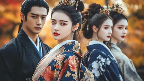 Autumn courtiers trade quiet glances beneath painted silks