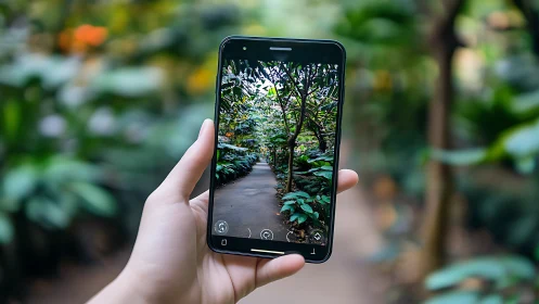 Smartphone camera captures lush garden path in sharp focus