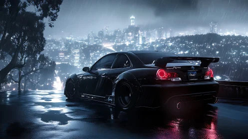 Midnight tuner prowls a rain-soaked ridge above neon city