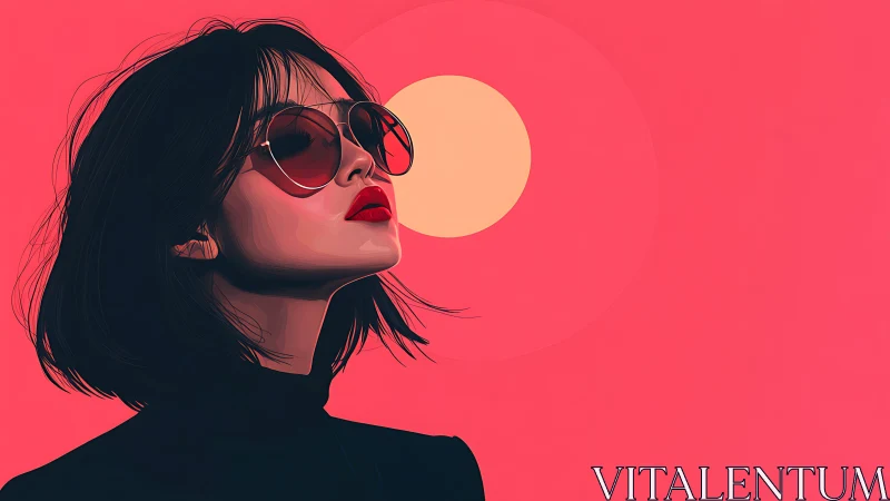 Stylish woman in sunglasses gazes at bold neon sunset.