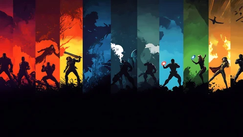 Silhouetted heroes stand united across vivid color realms