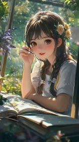 Anime garden portrait with sunlit study window composition.