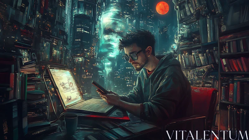Cyberpunk coder working by neon city window at night.