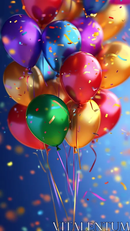 Vibrant 3D Balloons with Confetti Against Gradient Sky.
