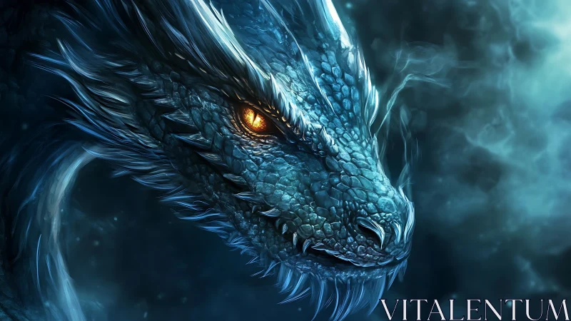 Frostscale dragon gazes through stormlit sapphire fog.