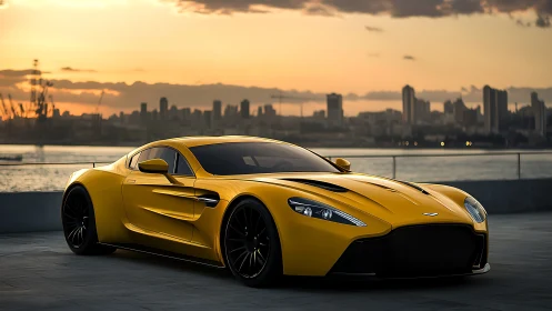 Yellow supercar rests beside waterfront at warm sunset