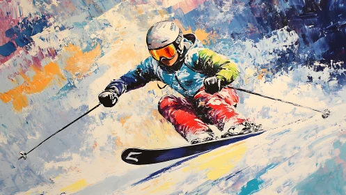 Colorful skier carving through bright, swirling winter snow.