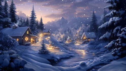 Snowflakes drift as a mountain village hums with winter light