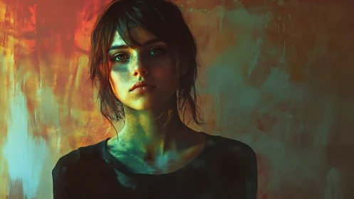 Young woman stands in moody colored light against abstract wall