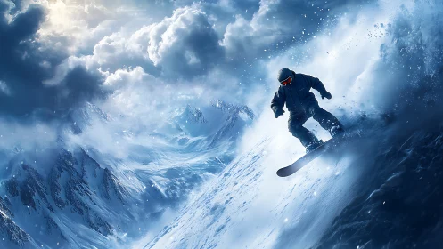 Snowboard rider carves stormy mountain face at speed.