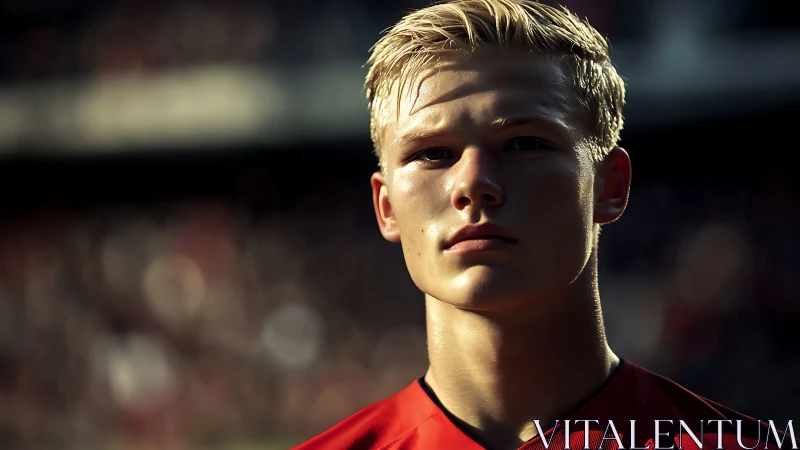 Golden hour focus on a determined young football player.