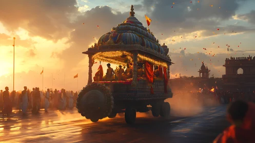 Sunlit temple chariot rolls through crowded festival plaza