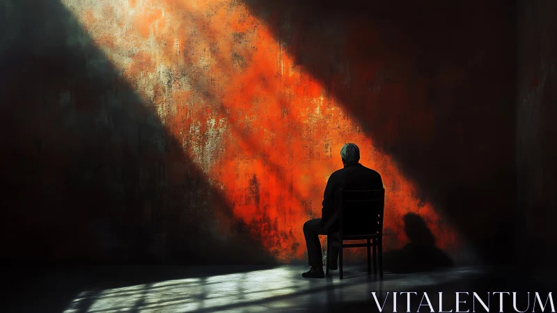 Solitary figure sits quietly in a room of shadow and firelight