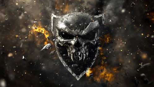 Shattered metal skull emblem erupts through molten smoke storm.