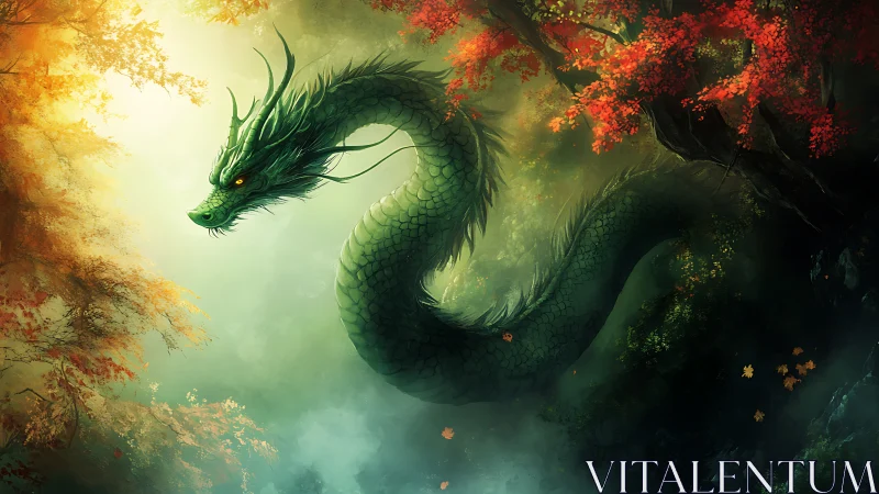 Serpentine green dragon in misted forest with autumn foliage.