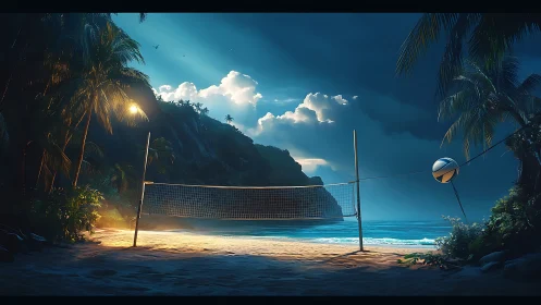 Moonlit beach volleyball court glows beneath dramatic clouds.