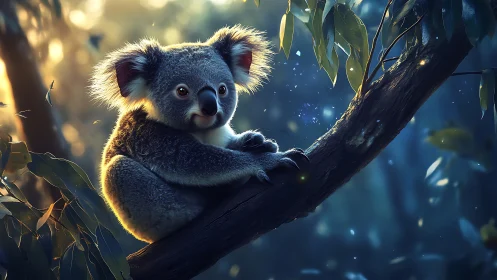 Dreamlit koala perched in a softly glowing forest hush.