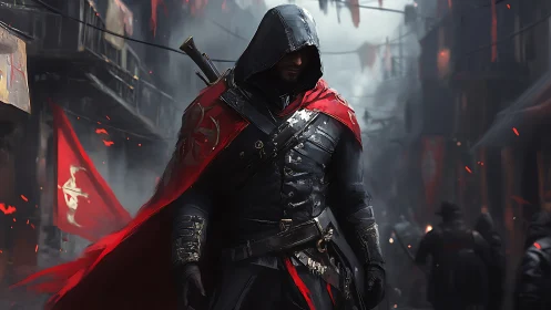 Hooded rogue warrior in red cloak dominates dark city street.
