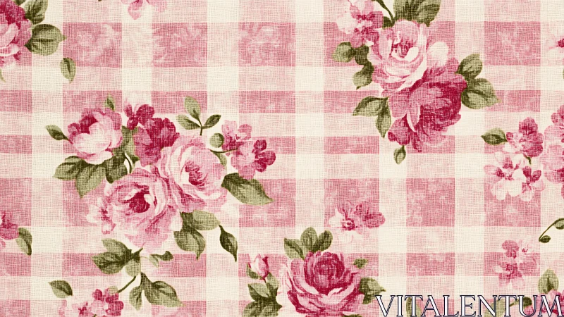Pink gingham check pattern with overlaid rose florals.