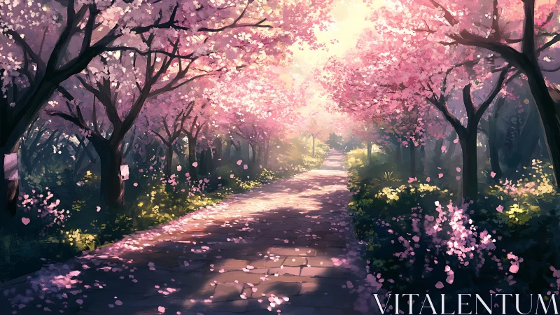 Sunlit pathway under pink blossoming trees in spring grove.