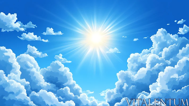 Digital painting of radiant sunburst above cumulus cloudscape.