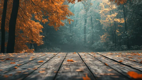 Autumnal forest perspective: Weathered timber platform beneath stratified canopy.