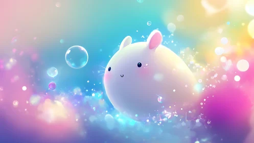 Round white bunny in pastel bubbles and soft light.