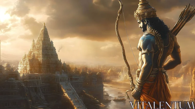 Warrior archer overlooks grand riverside temple city.