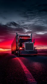 Midnight semi truck glowing under neon crimson sunset sky.