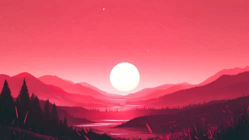 Crimson gradient sunset over stylized pine valley panorama.