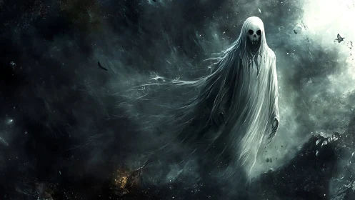 Wraith specter drifts through stormlit cosmic void