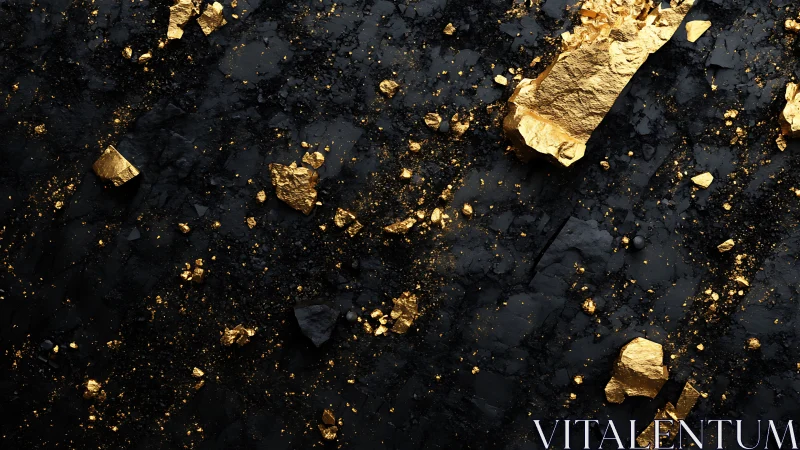 Gold fragments scattered across dark textured surface.
