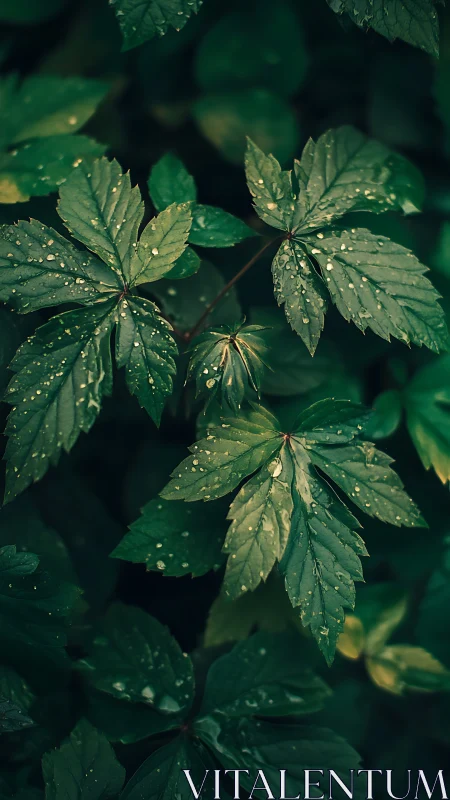 Macro study of wet palmate foliage with shallow depth of field
