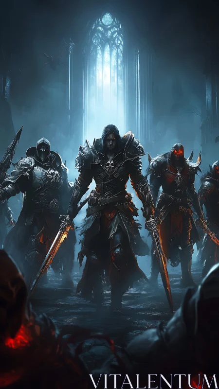 Shadowborn paladins stride through a haunted cathedral gloom.