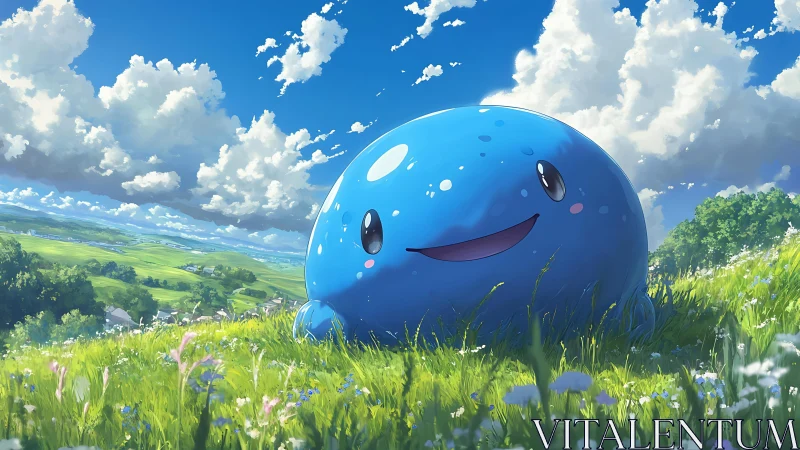 Pastel-blue meadow blob smiles beneath storybook clouds