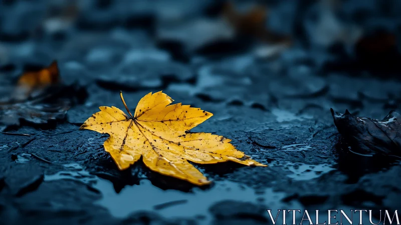 Golden autumn leaf rests gently on a rain-darkened path