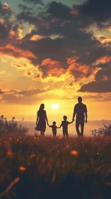 Silhouetted family walking together at warm sunset sky.