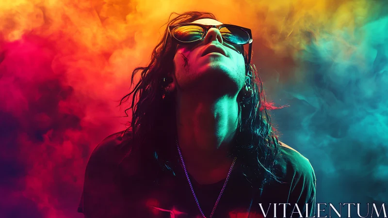 Person with sunglasses stands in multicolored atmospheric haze