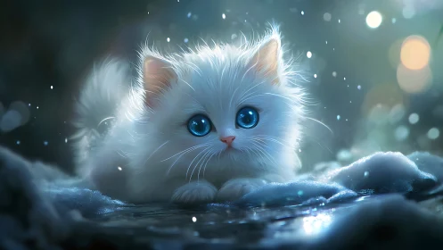 Luminous whispers of winter: An ethereal blue-eyed kitten in frozen enchantment.