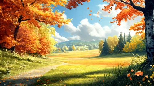 Golden autumn valley under clear sky with winding path